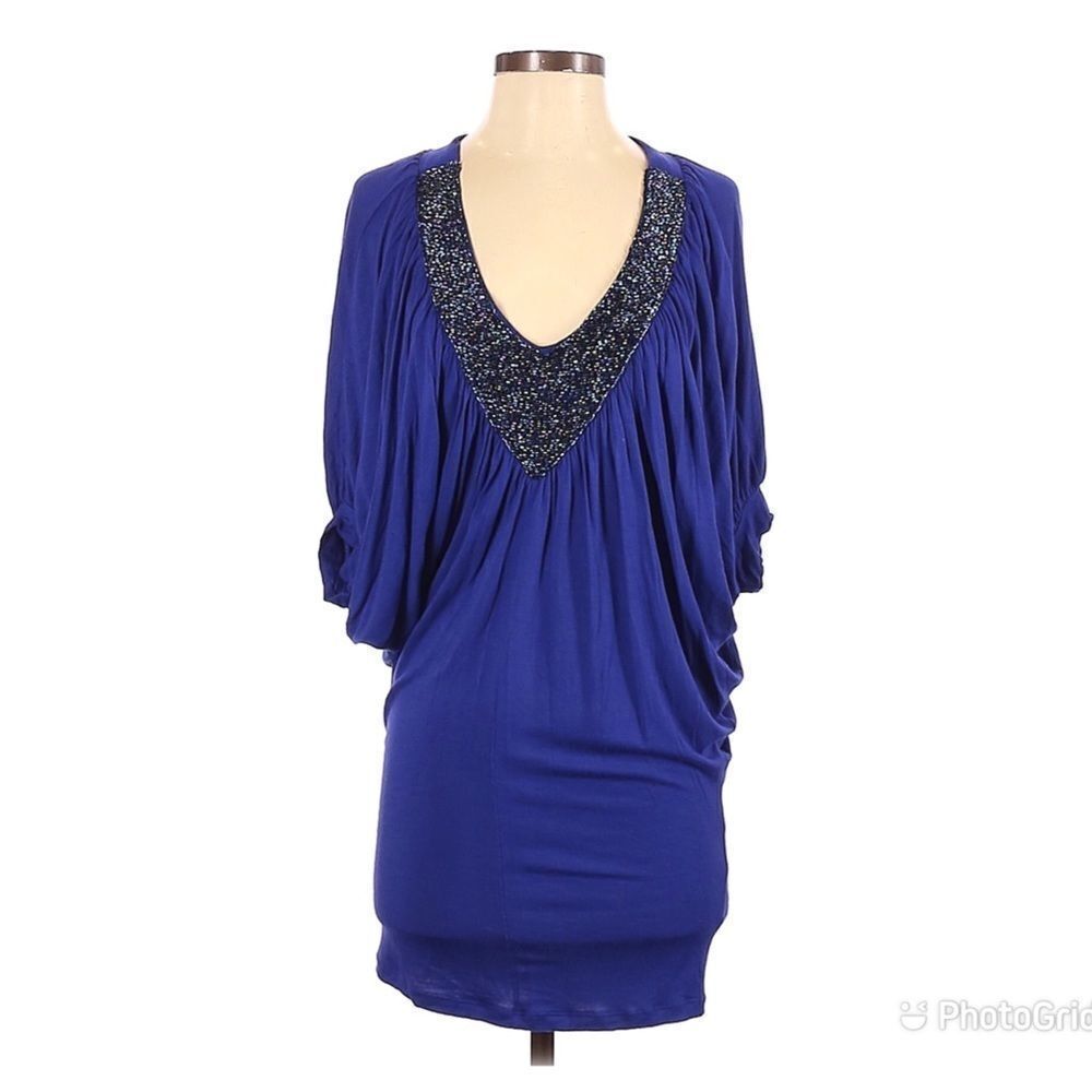 GIANNI BINI‎ Beaded Mini Tunic Dress Deep V Neckline Batwing Sleeve Blue Small